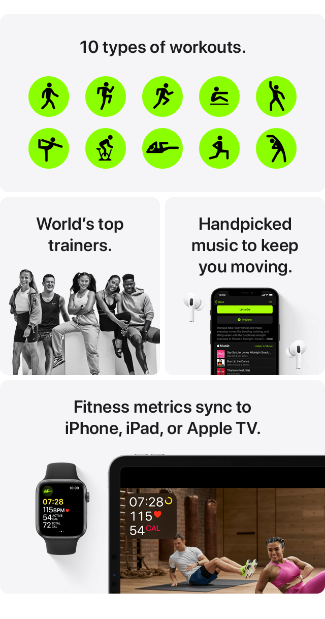 10 types of workouts. worlds top trainers. handpicked music to keep you moving. fitiness metrics sync to iphone, ipad, or apple tv