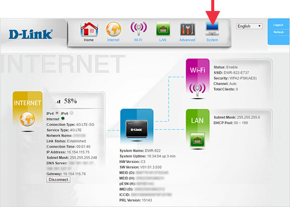 D-Link 4G LTE Router DWR-922 System Screen